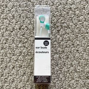 Flat Wire Ear Buds In White and Teal Blue (Used For MP3, Phone, Laptop, Tablets)